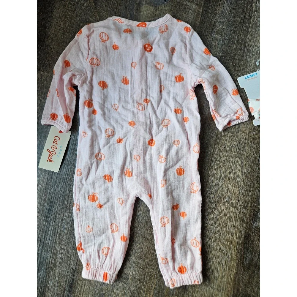Cat & Jack 1 piece pink pumpkin outfit and pumpkin headband 3/6 month NWT